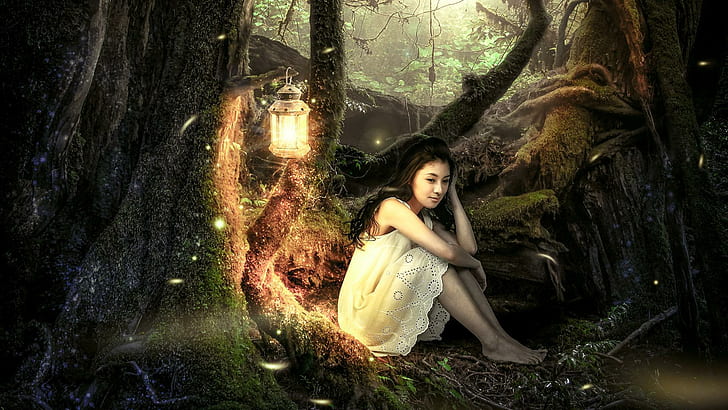 Forest, trees, girl, lanterns, beautiful mood, HD wallpaper