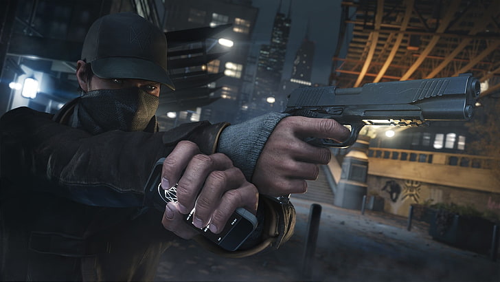 gray semi-automatic pistol, Watch_Dogs, people, one person, real people