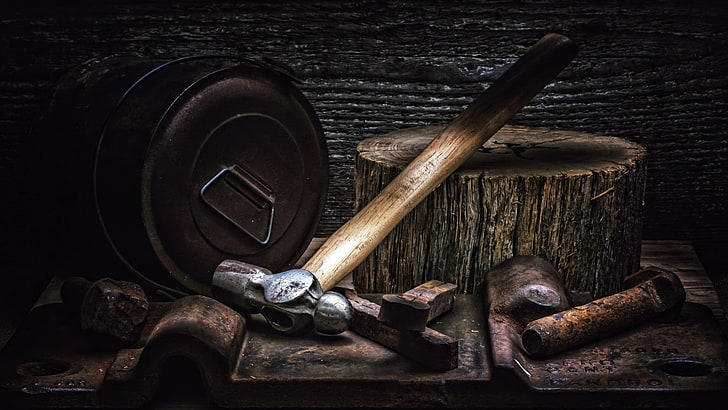 hammer, dark, tools, rust, metal, still life, wood - material