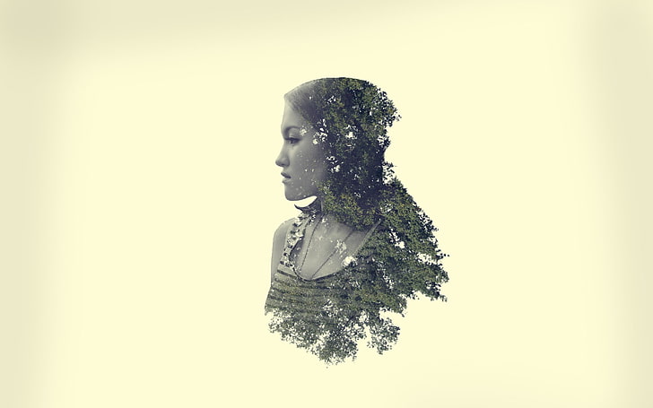 woman wearing gray tops wallpaper, Photoshop, trees, women, nature