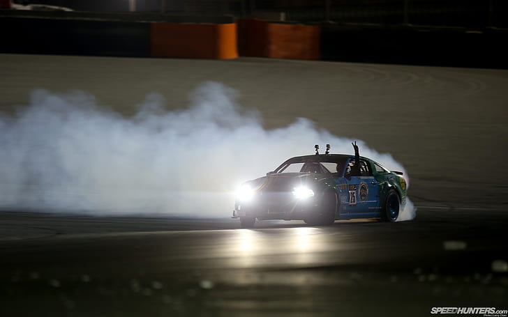 Ford Mustang Drift Smoke Night Lights HD, blue racing car, cars, HD wallpaper