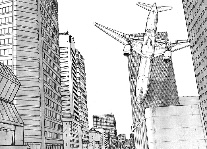 sketch of an airplane crashing to buildings, manga, monochrome