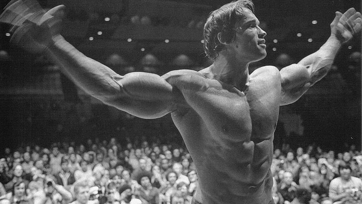 Arnold Schwarzenegger, Bodybuilder, monochrome, crowd, audience