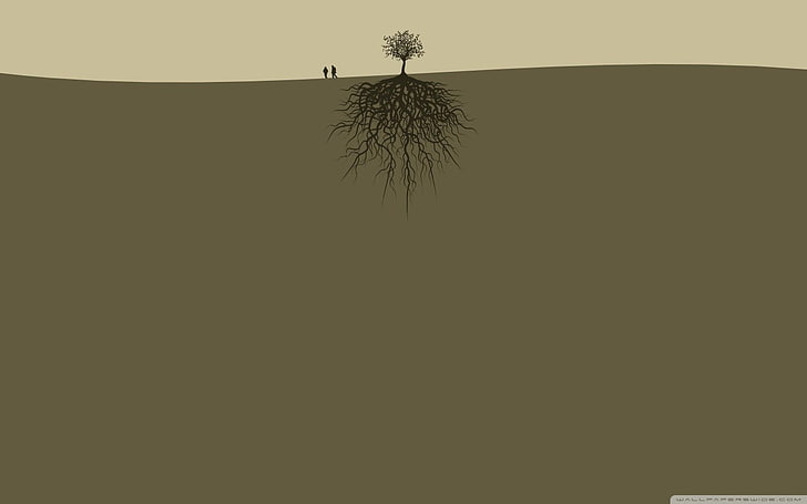 black tree and root wallpaper, minimalism, digital art, trees