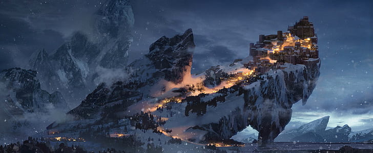 Fantasy, City, Landscape, Mountain, Night, Snow, Winter