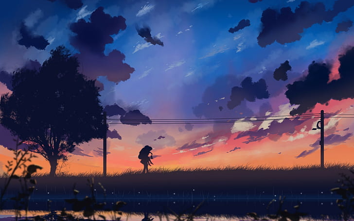 silhouette of man hiking near tree painting, anime, sunset, cloud - sky