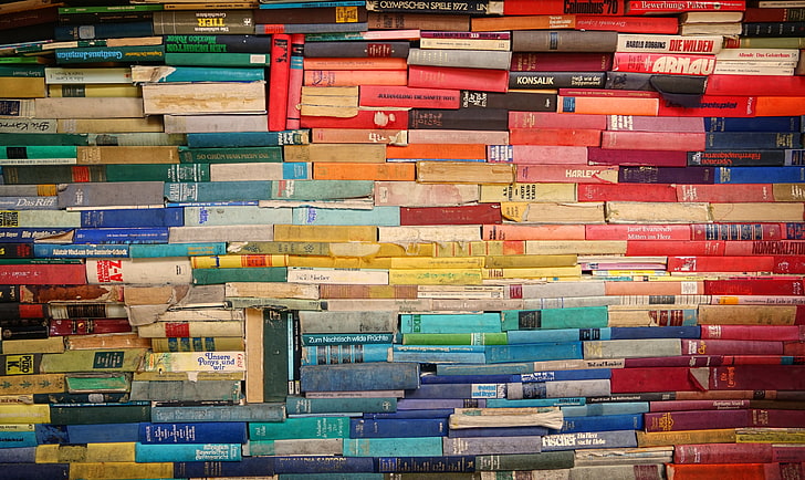 assorted book lot, books, library, collection, reading, multi colored