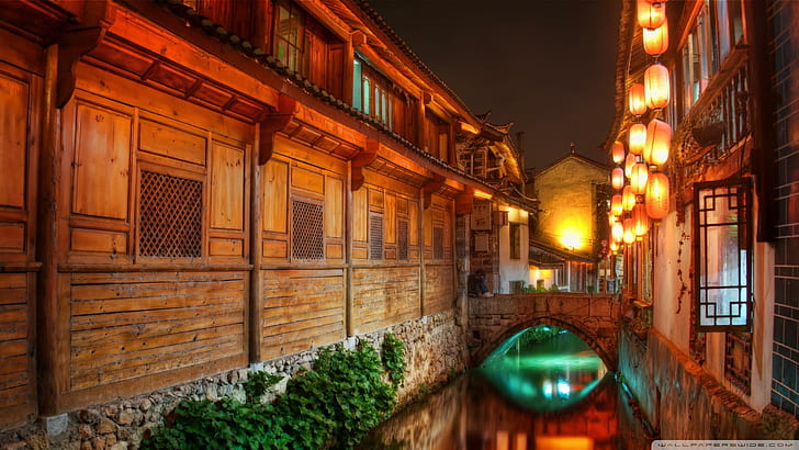 The Canals Of Lijiang At Night Hdr, village houses illustration, HD wallpaper