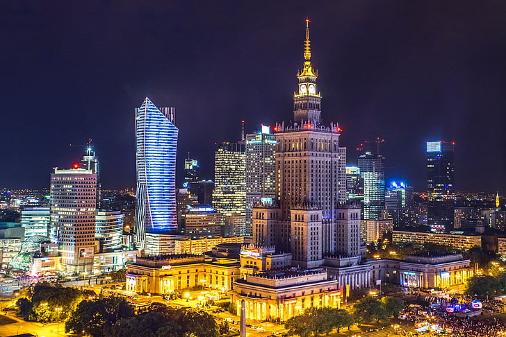 Poland, lights, night, HDR, Warsaw, city, skycrapers, HD wallpaper