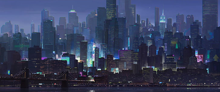 city landscape, cityscape, artwork, Spider-Man, blue, urban Skyline