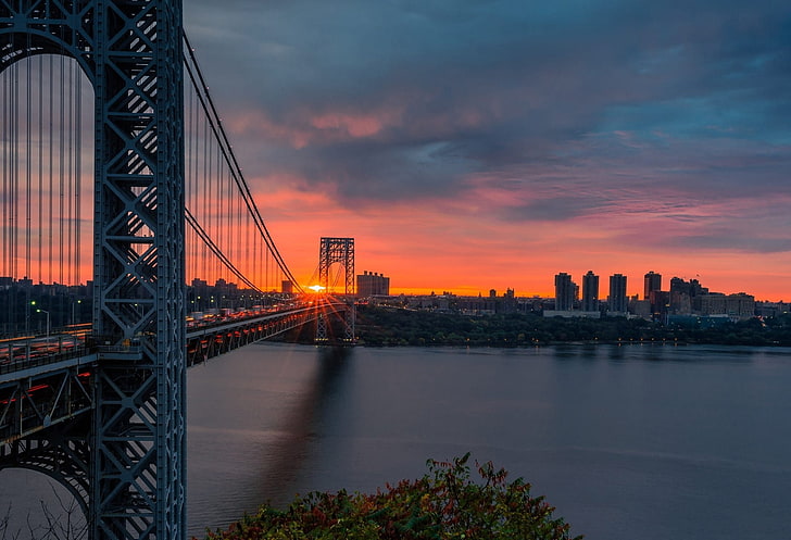 Bridges, George Washington Bridge, New York, River, Sunset