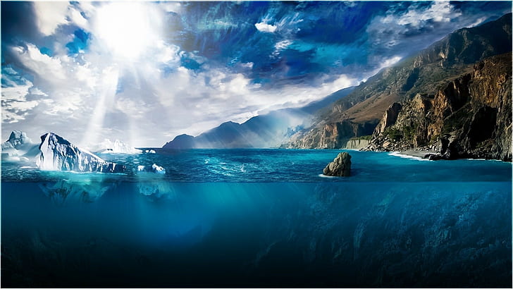 water, iceberg, Sun, clouds, split view, sea, landscape, underwater, HD wallpaper