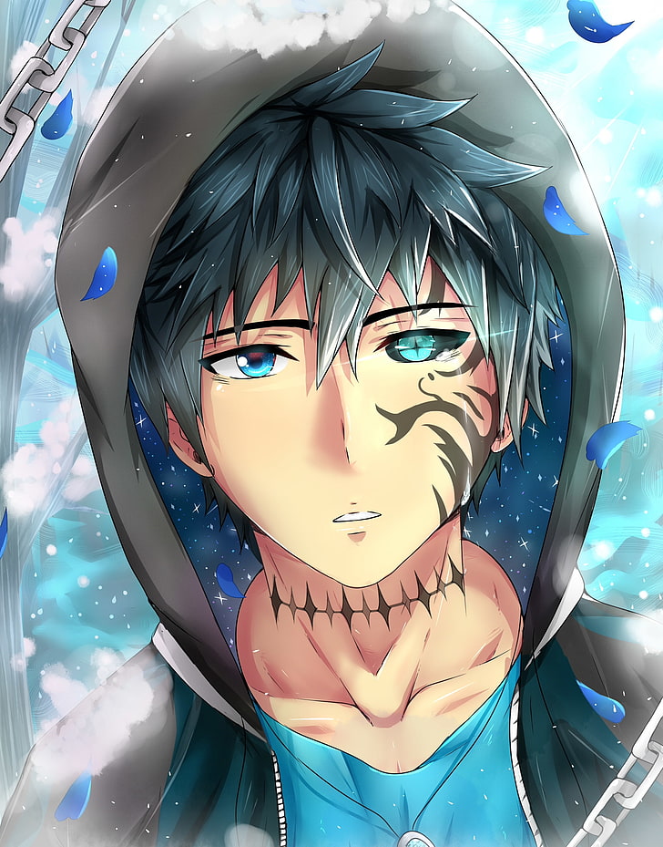 HD wallpaper: anime boy, tattoo, colorful eyes, shape, petals, hoodie, close-up