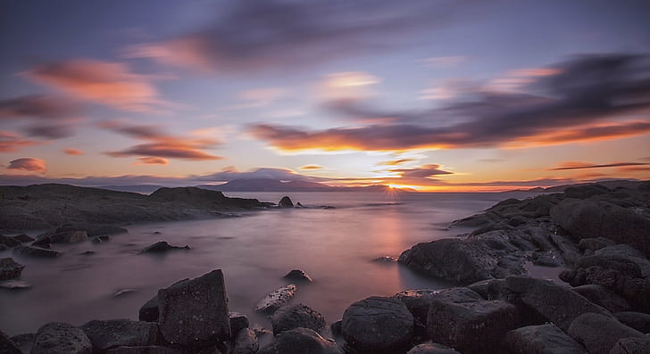 gray stone lot during sunset, Sleeping Warrior, scotland, Isle of Arran