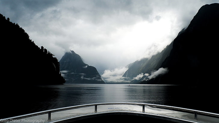 white and black boat with trailer, New Zealand, nature, Milford Sound