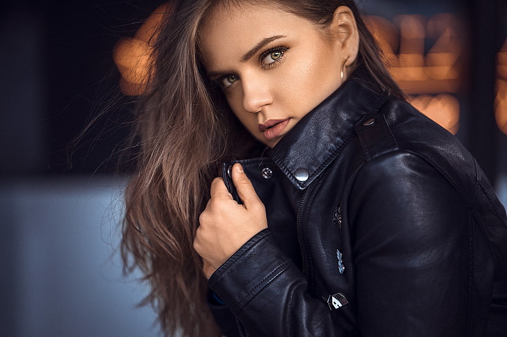 women, face, portrait, leather jackets, pink lipstick, looking at viewer, HD wallpaper