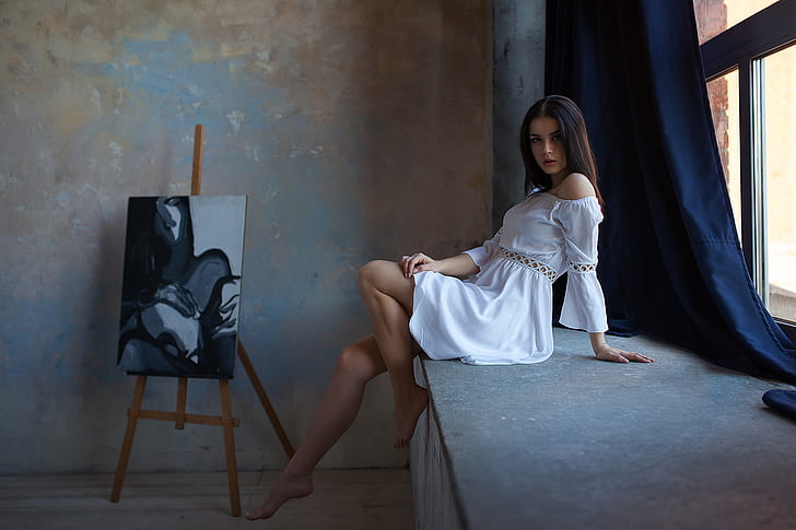 women indoors, brunette, dress, bare shoulders, sitting, legs, HD wallpaper
