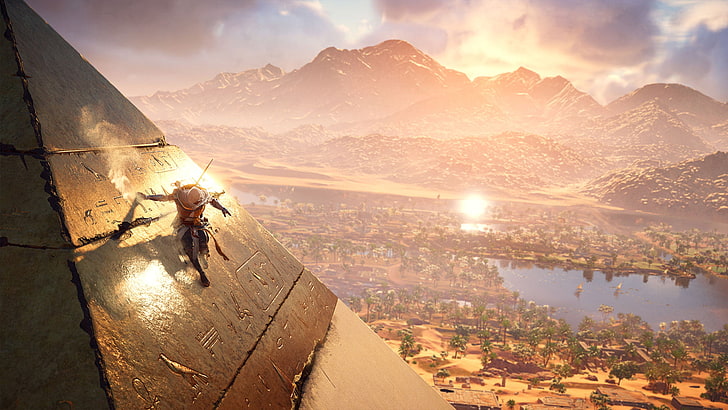man climbing on pyramid digital wallpaper, Assassin's Creed, Ubisoft, HD wallpaper