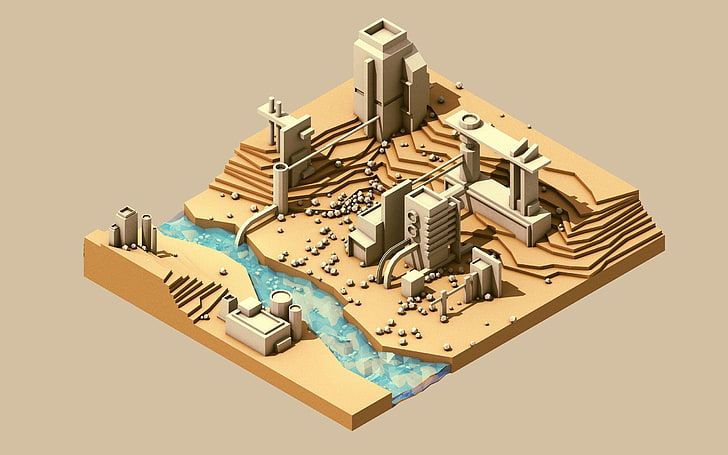 factory 3D scale model, digital art, water, river, poly, factories, HD wallpaper