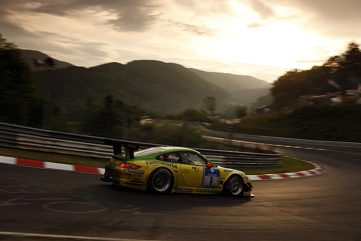 green coupe, car, Porsche, nurburgring, yellow cars, race cars, HD wallpaper