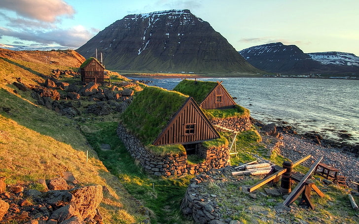 nature, landscape, water, sea, Iceland, house, wood, rock, stones, HD wallpaper