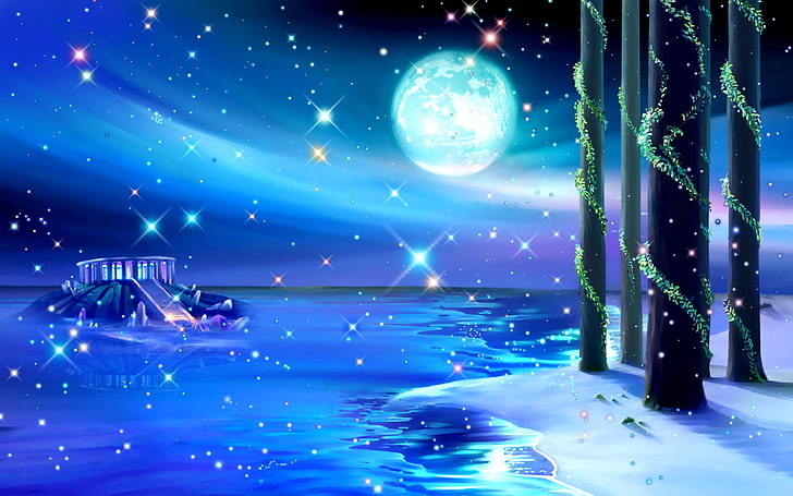island during nighttime illustration, water, landscape, lake