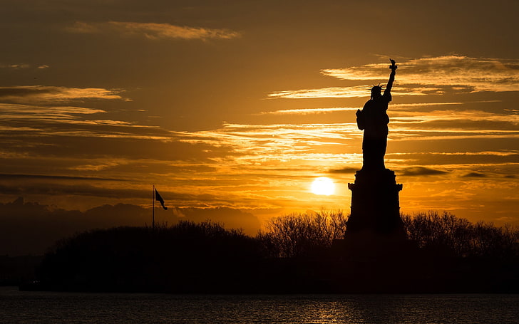 Statue of Liberty, sky, sunset, silhouette, cloud - sky, sculpture, HD wallpaper