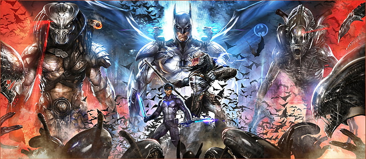 Batman digital wallpaper, alien, predator, crossover, nightwing