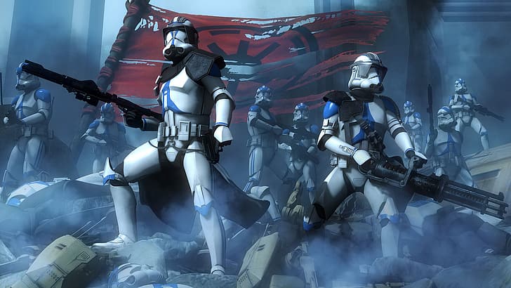 Star Wars, clone trooper, battle, rifles, minigun, flag, mist