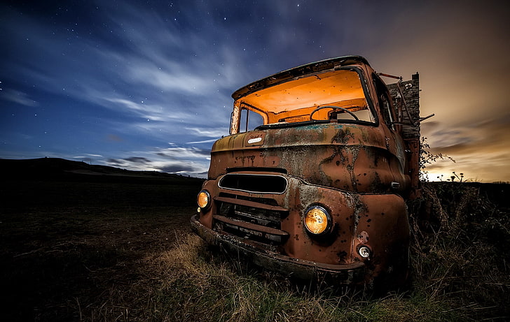 vehicle, sky, dark, Truck, wreck, land, field, abandoned, land vehicle