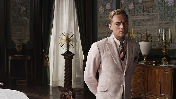 the great gatsby, indoors, standing, well-dressed, one person