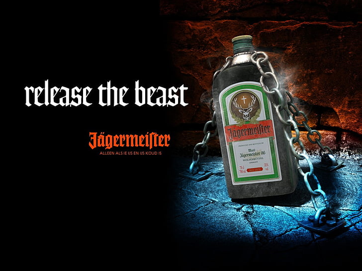 Jagermeister glass bottle with text overlay, bottles, chains