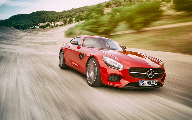 Mercedes-AMG GT, Mercedes-Benz, car, red cars, road, motion blur, HD wallpaper