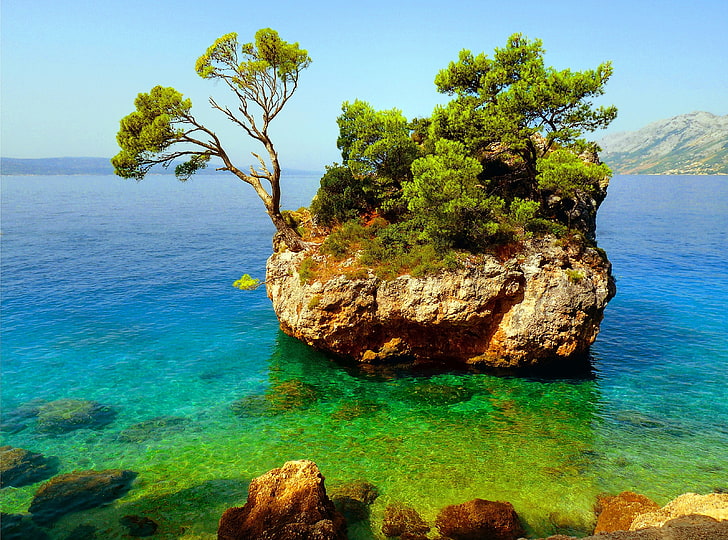 Landmark of Brela, green leafed trees, Europe, Croatia, water