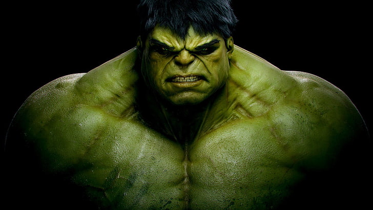 Marvel Hulk illustration, black background, studio shot, one person