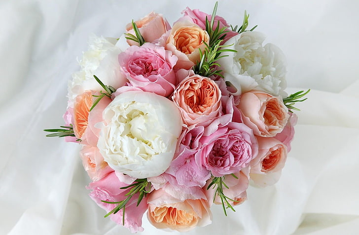 bouquet of pink and white flowers, roses, peonies, tenderness, HD wallpaper