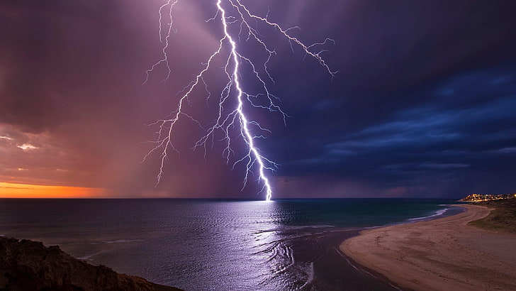 lightning, seashore, storm, cloudy, clouds, night, HD wallpaper