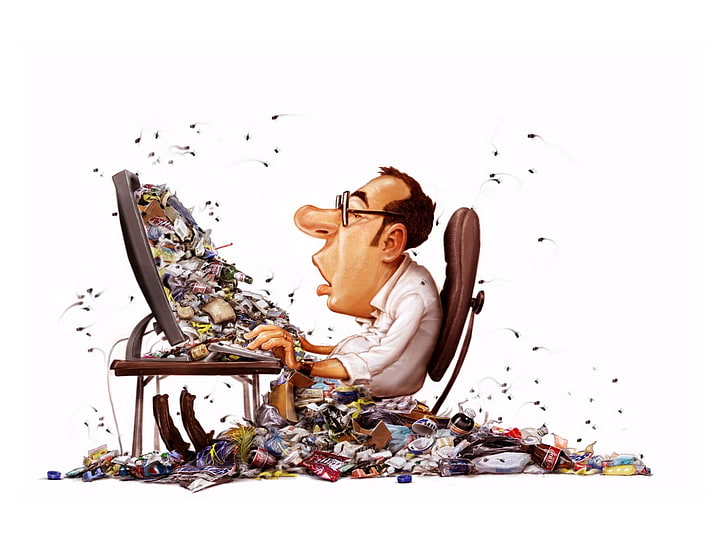 man sitting in front of computer monitor surrounded by trash screengrab