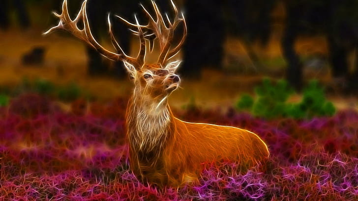 Mighty Stag, brown deer, fawn, animals, fantasy, nature, flower, HD wallpaper
