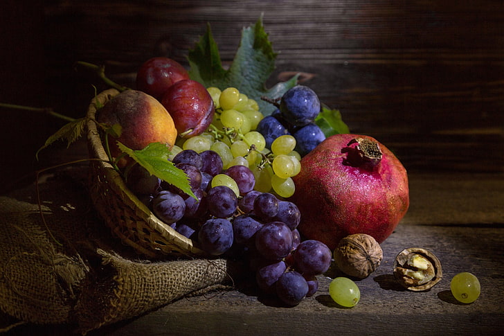 grapes, fruit, nuts, still life, plum, burlap, garnet, HD wallpaper