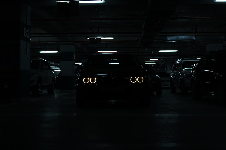 black car, BMW, E 39, lights, dark, mode of transportation, motor vehicle