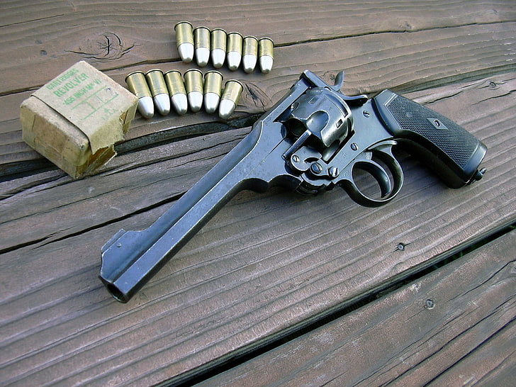 black revolver pistol with bullets, gun, Lee Enfield, Webley Revolver