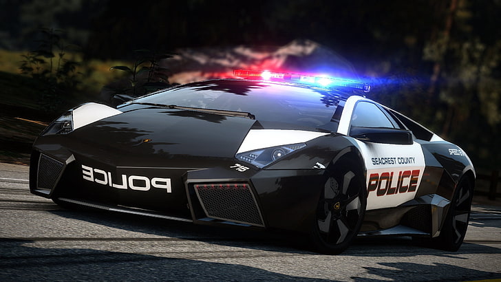 black and white Lamborghini Aventador, nfs, need for speed, police