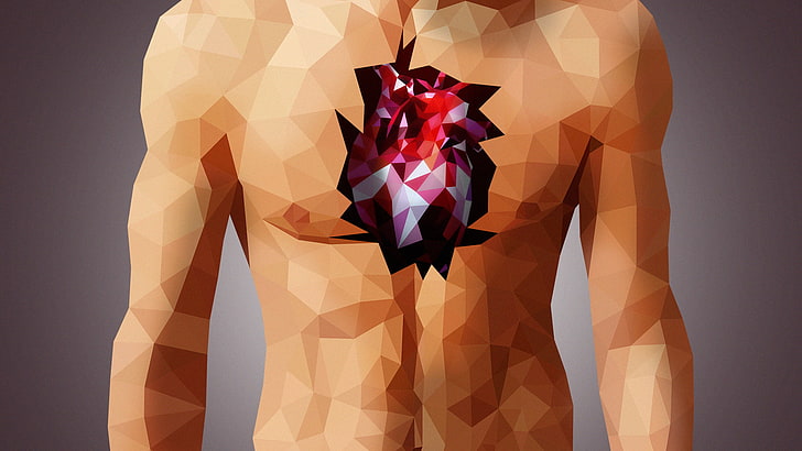 human torso digital wallpaper, men, low poly, digital art, heart