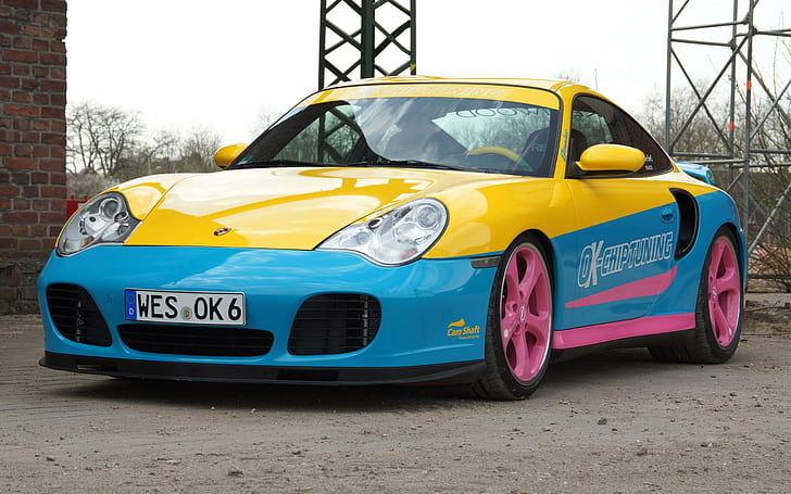 2002 OK Chiptuning Manta Porsche 996 Turbo, yellow and blue sports coupe, HD wallpaper