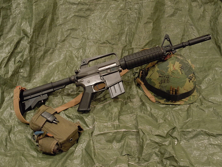 weapons, rifle, helmet, M16, assault, military, gun, armed forces, HD wallpaper