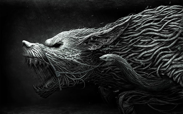 grayscale photo of dog wallpaper, fantasy art, wolf, digital art