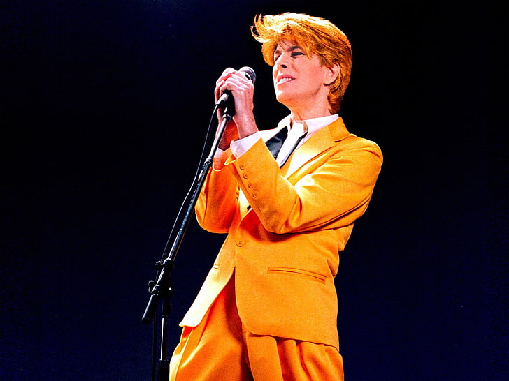 David Bowie, concert, microphone, suit, image, singer, music