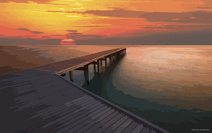 vector, pier, sunset, sea, sky, water, orange color, scenics - nature