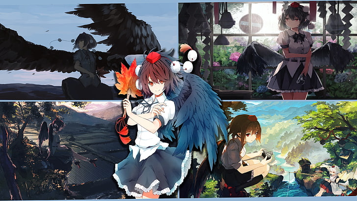 Shameimaru Aya, anime, anime girls, wings, artwork, Touhou, HD wallpaper